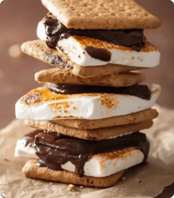Stack of s'mores with toasted marshmallows and melted chocolate between graham crackers on parchment paper.